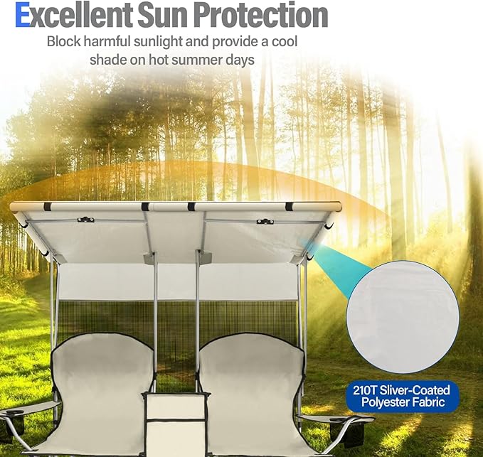 Portable double camping chair with awning, adult beach chair, folding beach chair with cooler bag