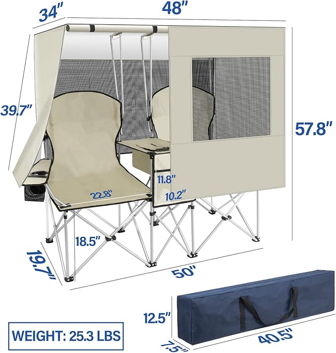 Portable double camping chair with awning, adult beach chair, folding beach chair with cooler bag