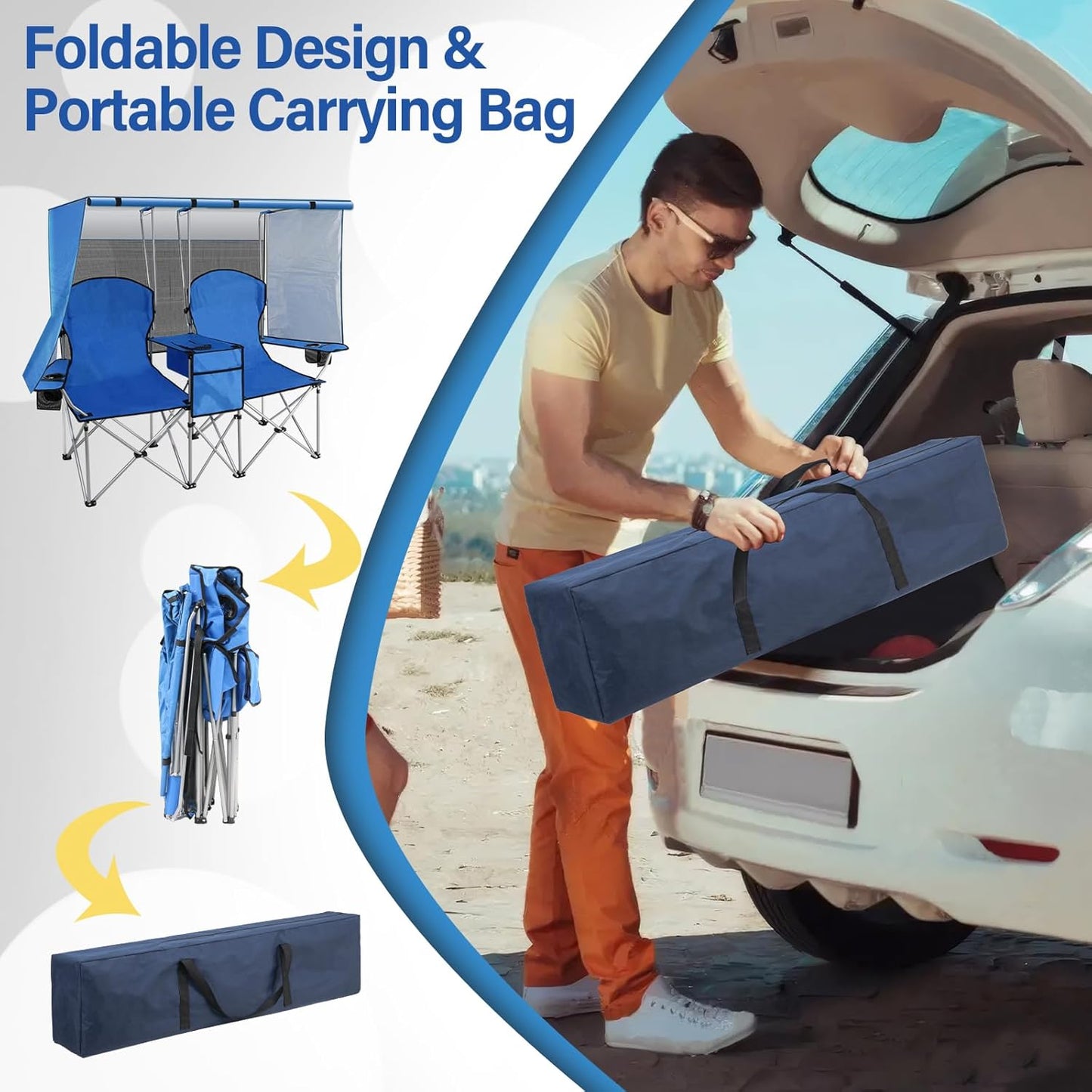 Portable double camping chair with awning, adult beach chair, folding beach chair with cooler bag