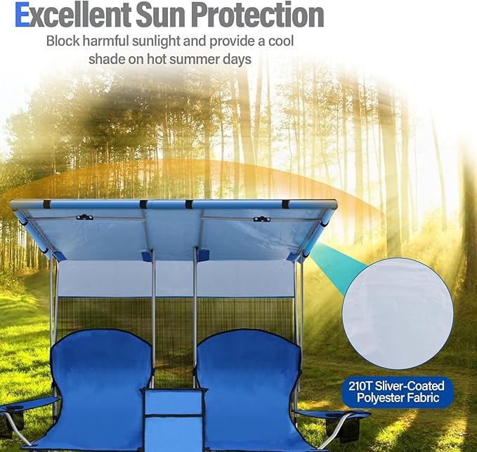 Portable double camping chair with awning, adult beach chair, folding beach chair with cooler bag