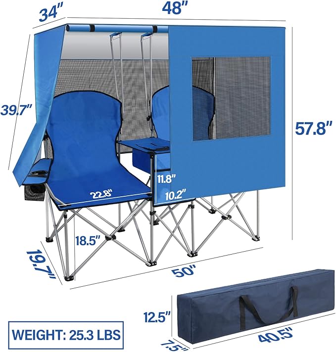 Portable double camping chair with awning, adult beach chair, folding beach chair with cooler bag