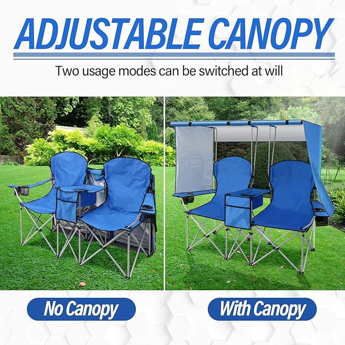 Portable double camping chair with awning, adult beach chair, folding beach chair with cooler bag