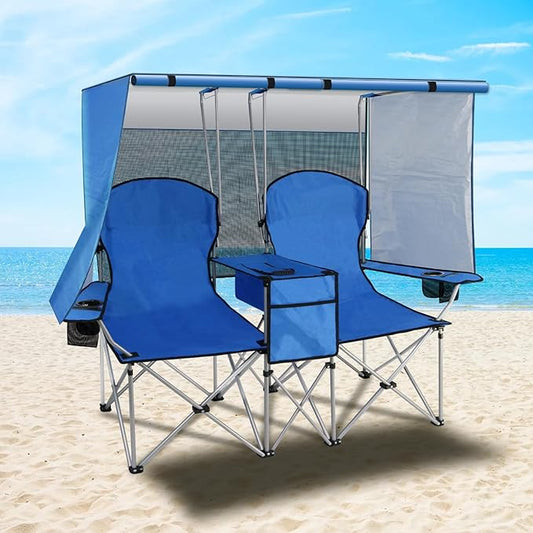 Portable double camping chair with awning, adult beach chair, folding beach chair with cooler bag