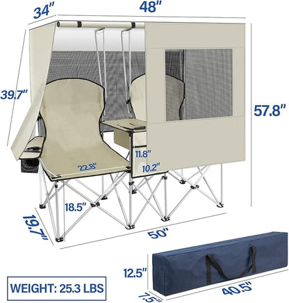 Portable double camping chair with awning, adult beach chair, folding beach chair with cooler bag