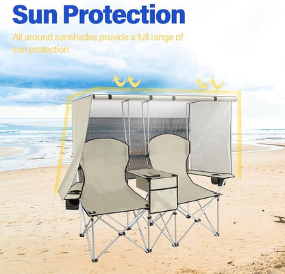 Portable double camping chair with awning, adult beach chair, folding beach chair with cooler bag