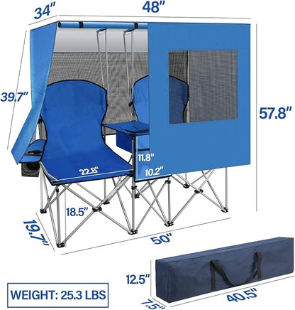 Portable double camping chair with awning, adult beach chair, folding beach chair with cooler bag