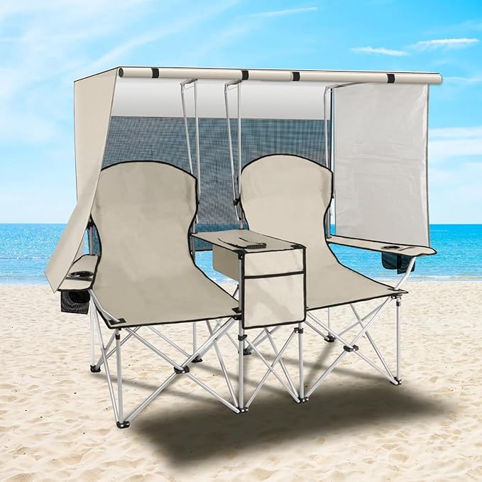 Portable double camping chair with awning, adult beach chair, folding beach chair with cooler bag