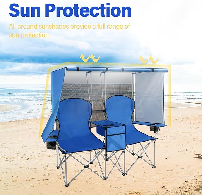 Portable double camping chair with awning, adult beach chair, folding beach chair with cooler bag