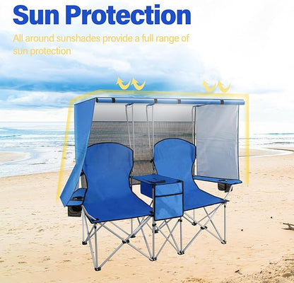 Portable double camping chair with awning, adult beach chair, folding beach chair with cooler bag