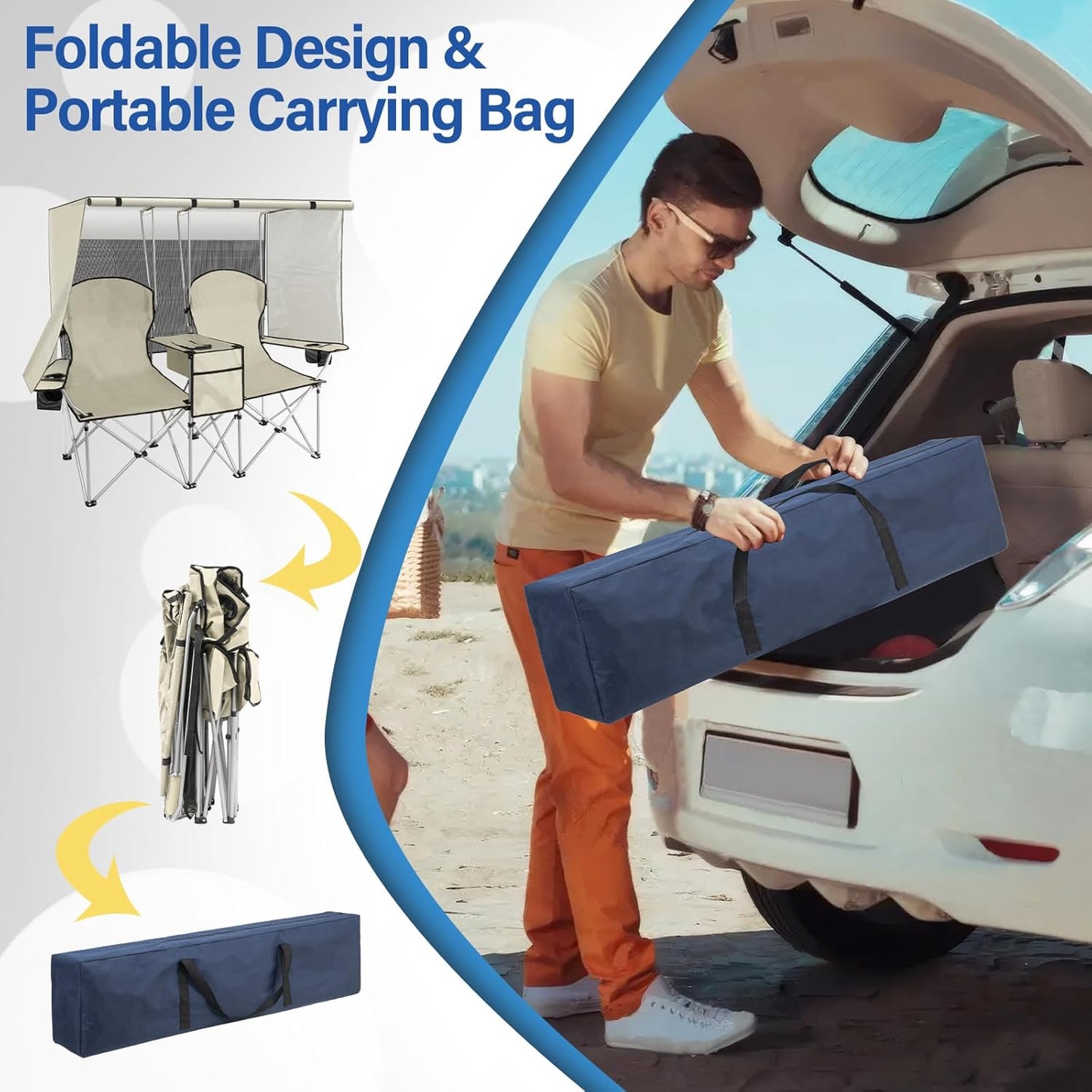 Portable double camping chair with awning, adult beach chair, folding beach chair with cooler bag