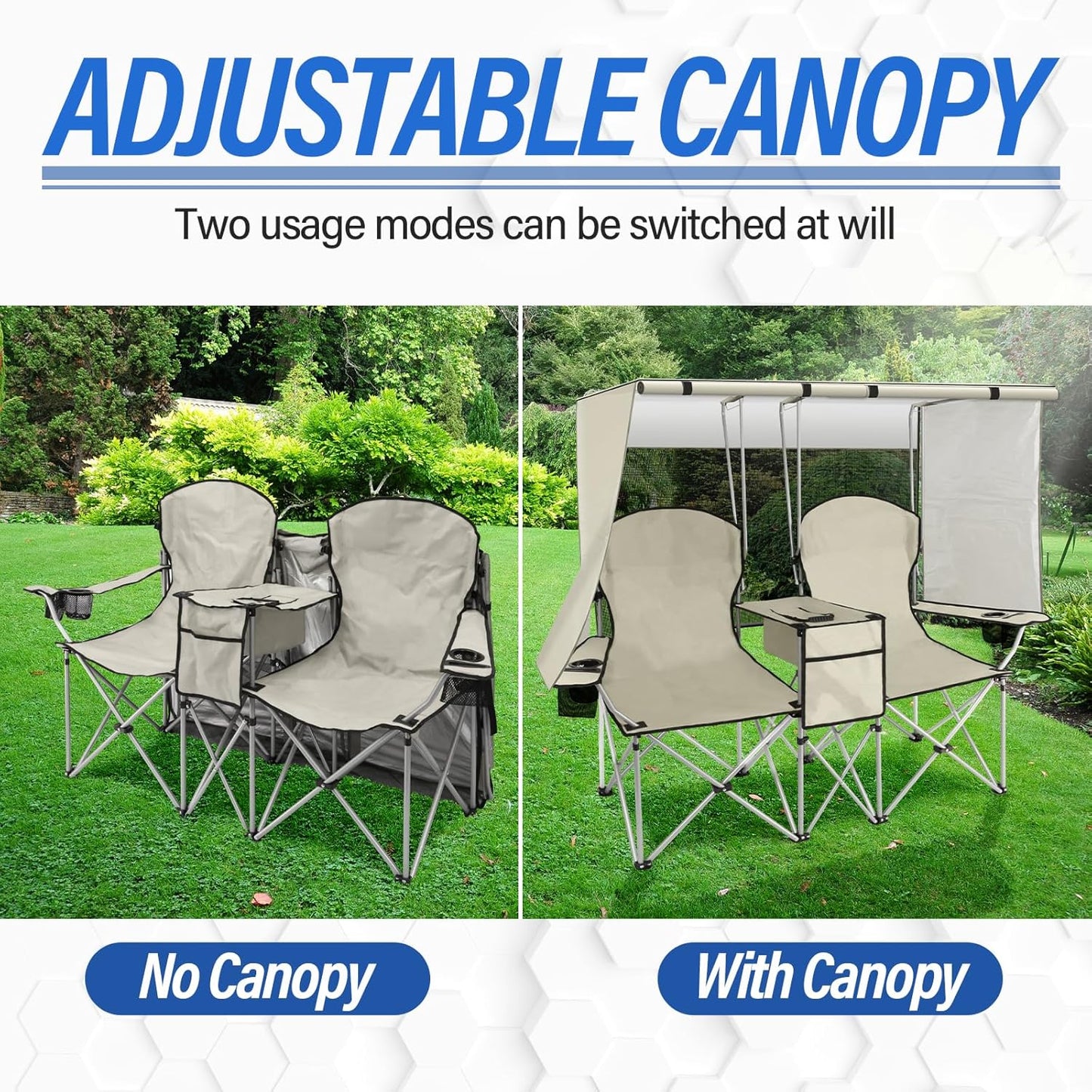 Portable double camping chair with awning, adult beach chair, folding beach chair with cooler bag