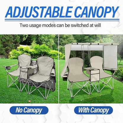 Portable double camping chair with awning, adult beach chair, folding beach chair with cooler bag