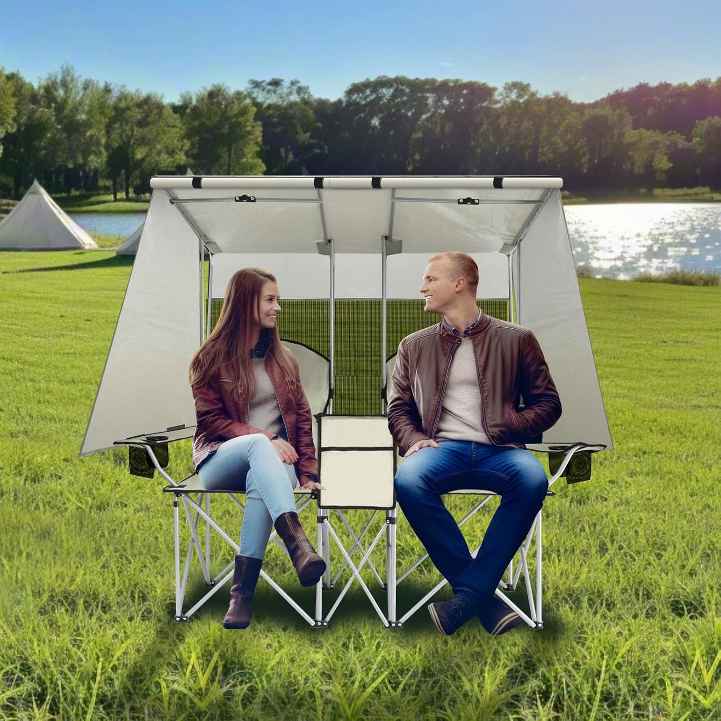 Portable double camping chair with awning, adult beach chair, folding beach chair with cooler bag